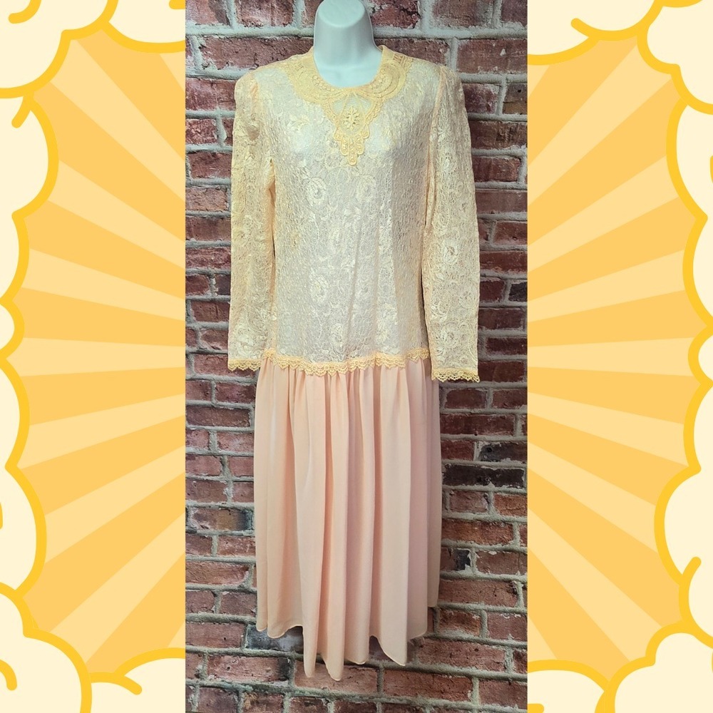 Vintage Women's Pantagis Floral Lace Long Sleeve Dress USA 11/12 Size